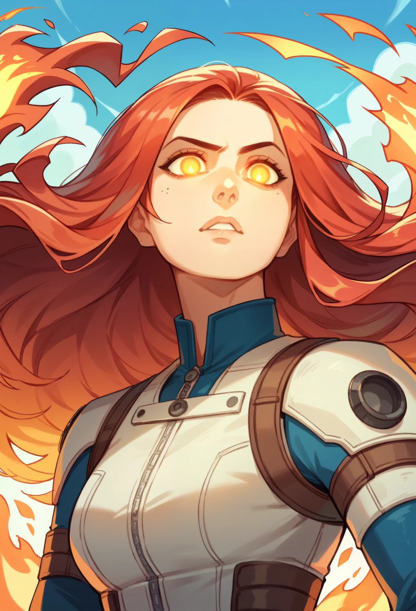 One girl, Milly alcock, white and black superheroine suit, red hair, long hair, fire hair, surrounded by flames, fire, glowing eyes, in the sky,