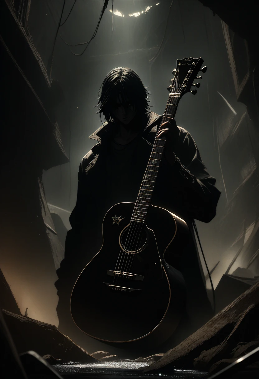 cinematic film still,score_9,score_8_up,score_7_up,masterpiece,best quality,8k,source_cartoon,source_アニメ,
Man with a guitar, Cool and Strong, Very Detailed Scene, darkness, Background World in Ruin, Everything is falling apart at the seams, darkness, gloomy atmosphere, small rays of sunshine, Masterpiece with Detail,