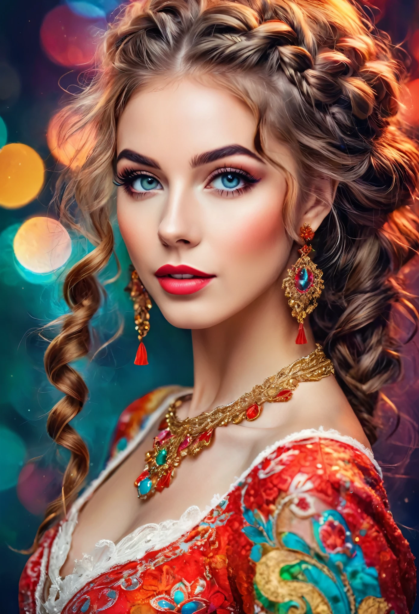 Ultra-real photo of cute woman, full length shot, joy of the eyes, long red tousled and braided hair, sexy, sloppy look, bright colors, intricate details of her beautiful eyes and perfect face, intricate detailed background of steam hall, analog photo style, bokeh, vintage, faded colours 