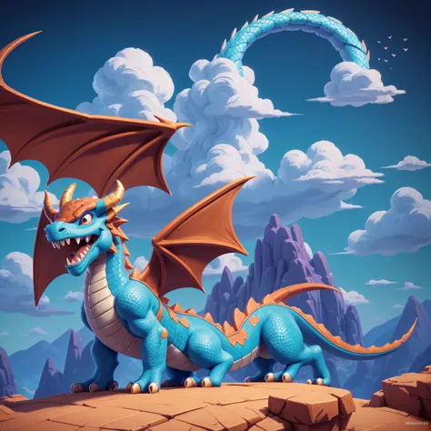 pixel game，game character design，good dragon，dragon smiling, a dragon looks like a happy one, pixel mountains，pixel clouds，16-bi...