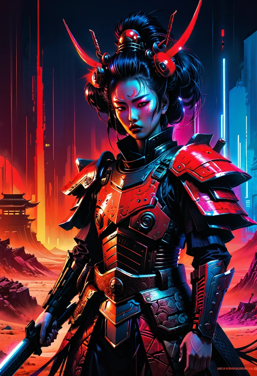 a high-quality digital painting of "The Warlord, cyberpunk samurai warrior, Red Desert Geisha, Scary Garry", futuristic, cyberpunk style, dynamic composition, glowing neon lights, post-apocalyptic setting, detailed armor and weapons, intense expression, dramatic lighting, concept art, 4k resolution