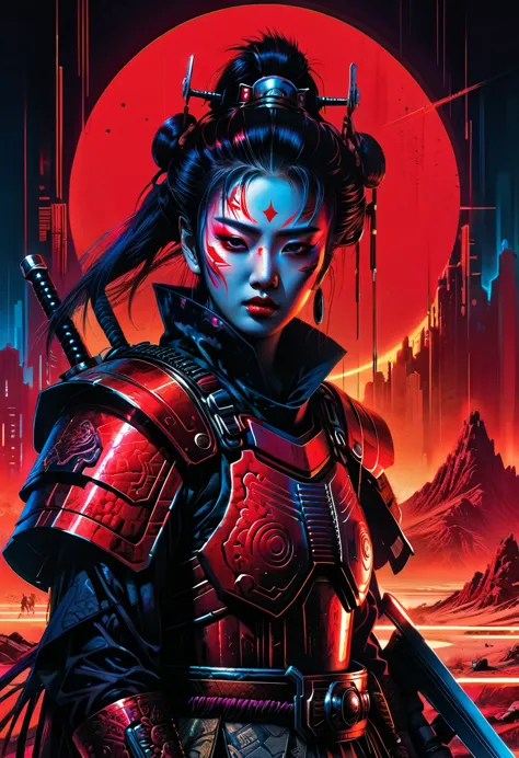 a high-quality digital painting of "the warlord, cyberpunk samurai warrior, red desert geisha, scary garry", futuristic, cyberpu...