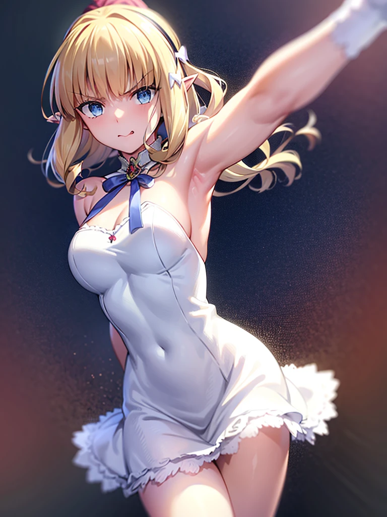 masterpiece,best quality, A girl, Gloves, Elbow Groove, Necklace, White Dress, Chest, clavicle, Ponytail, Chest乳沟, Off-shoulder dress, bow, Show your shoulders, short hair, Blue Necklace, Hair bow, Blue Ribbon, Large Breasts, Adult 20 years old, whole body, From head to legs, Detailed body, Delicate face, mouth close, Elf ears, without weapons, For the audience.,Fight with sword