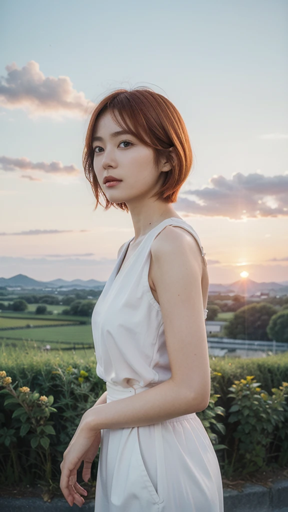 Model actress、One Woman、Singer-songwriter、cool、cute、Japanese and half European、Bright orange hair colour、short hair、Sunset landscape、countryside、summer