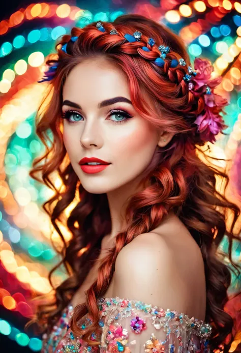 ultra-real photo of cute woman, full length shot, joy of the eyes, long red tousled and braided hair, sexy, sloppy look, bright ...