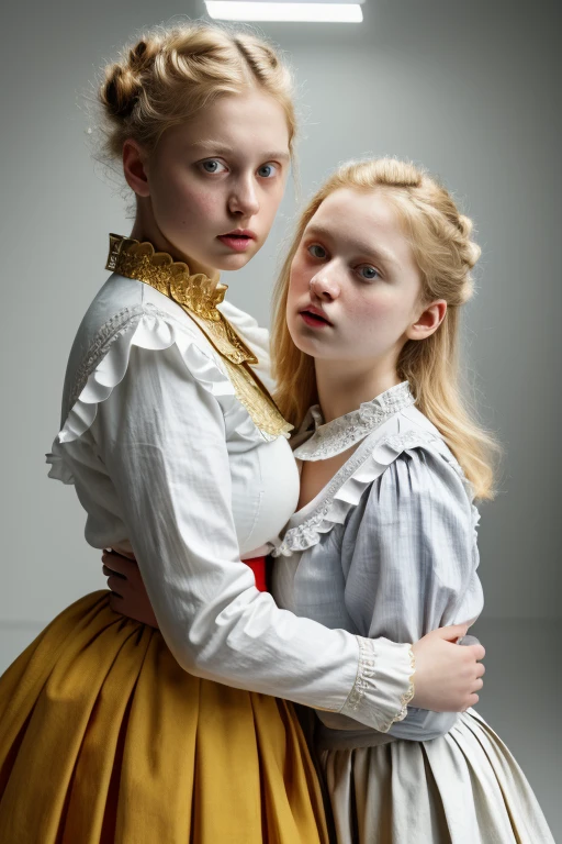 2girls from side, 18 years old, Europeans hugs, embrace, blond boy's haircut, ((massive breast)), open wide mouth, beautiful eyes, simple victorian blouse, grey and gold theme, white ruffle and detail collar lace, thin waist, intricate details, porcelain skin, beautiful eyes, detailed lips, high quality, realistic, photorealistic, 8k, masterpiece, ultra-detailed, physically-based rendering, vivid colors, studio lighting, sharp focus , a prominent (wide hips:1.3)