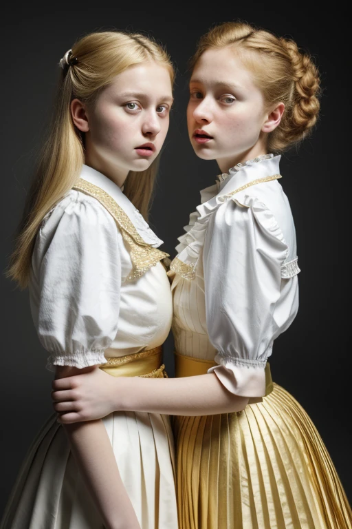 2girls from side, 18 years old, Europeans hugs, embrace, blond boy's haircut, ((massive breast)), open wide mouth, beautiful eyes, simple victorian blouse, grey and gold theme, white ruffle and detail collar lace, thin waist, intricate details, porcelain skin, beautiful eyes, detailed lips, high quality, realistic, photorealistic, 8k, masterpiece, ultra-detailed, physically-based rendering, vivid colors, studio lighting, sharp focus , a prominent (wide hips:1.3)