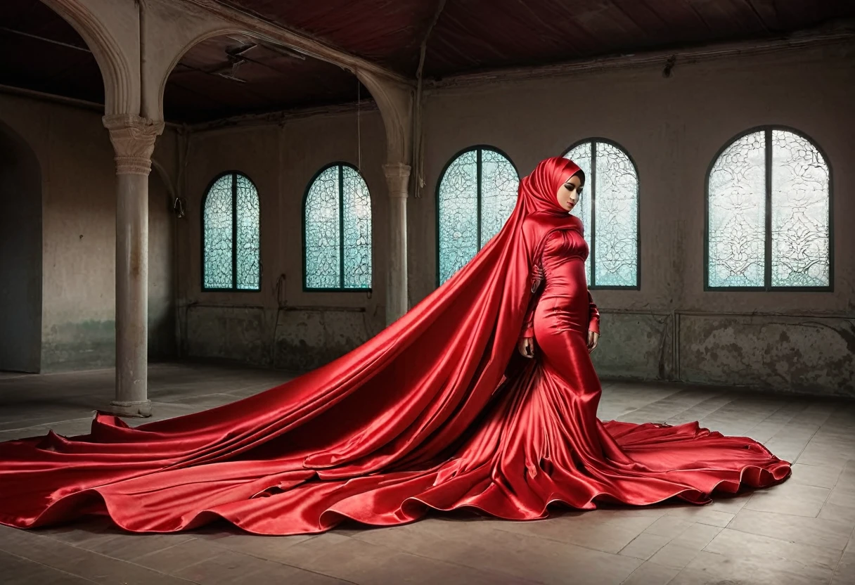 A woman shrouded in a 4-meter-long, plush red satin cloth, tightly bound and grandly draping along the form of her body, flowing off into a pooled floor-length train, styled in a mermaid-inspired outfit, her head modestly veiled in a satin hijab, a full-body pose conveying a sense of mysterious elegance, captured in a 4k resolution, ultra-realistic