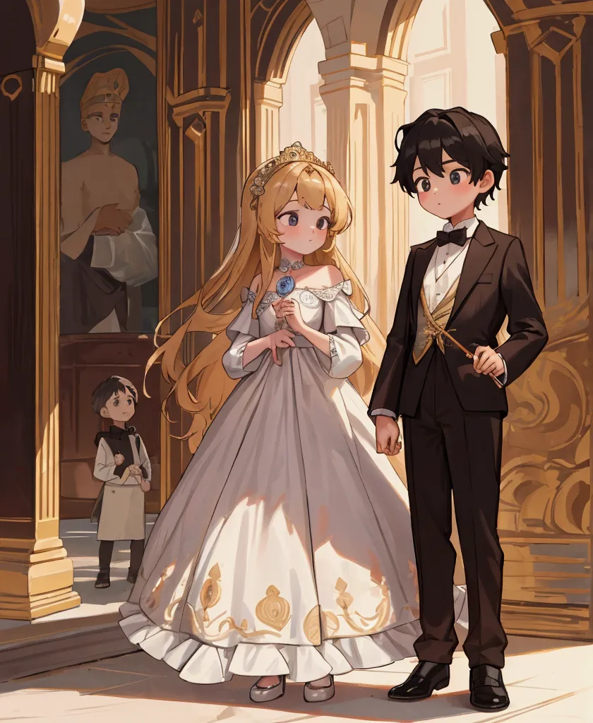 two children, a boy and a cute beautiful girl in the palace