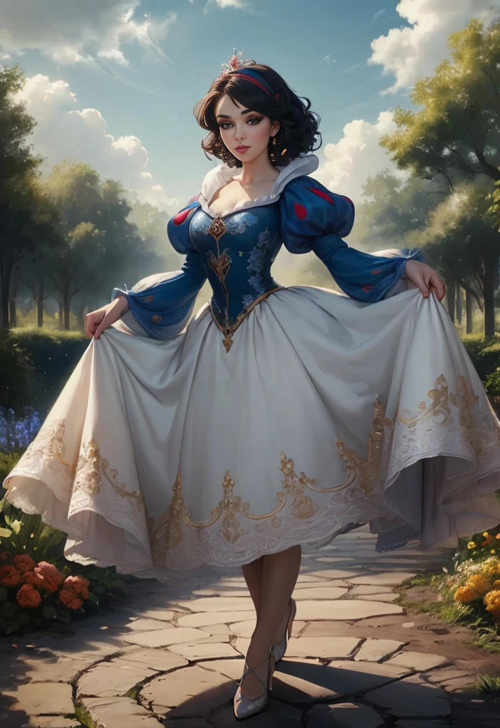 Lucy Pinder as Disney Princess Snow White, 1female, ((top quality, 8k, masterpiece:1.3)), UHD, high resolution photography, in flower garden, trees, ground, blue sky, clouds, dressed in princess dress (((nice hands))), (((perfect hands))), ((Very defined face)), (perfect face, narrow lips, expressive eyes, eyeliner, eyeshadow, blush), narrow waist, (((((looking at viewer))))), (((((centered))))), (((head in photo))), {(((((full-body-shot:0.6605)))))}, DisneySnowWhite