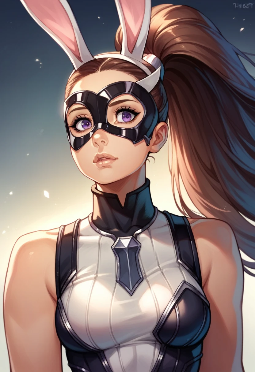 One woman, Ariana grande, 20 years old, brown hair, purple eyes, detailed face, mid breasts, black superheroine suit, sleeveless, bunny ears, mask, gloves, thights,