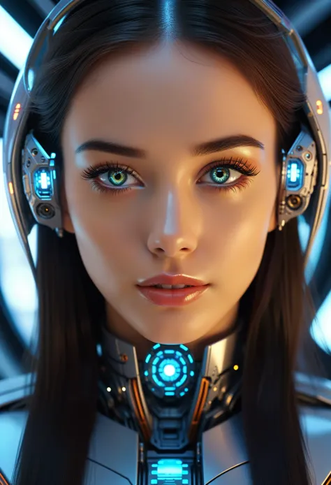 a beautiful young woman, mechanical engineering, inside a futuristic spaceship, highly detailed facial features, extremely detai...