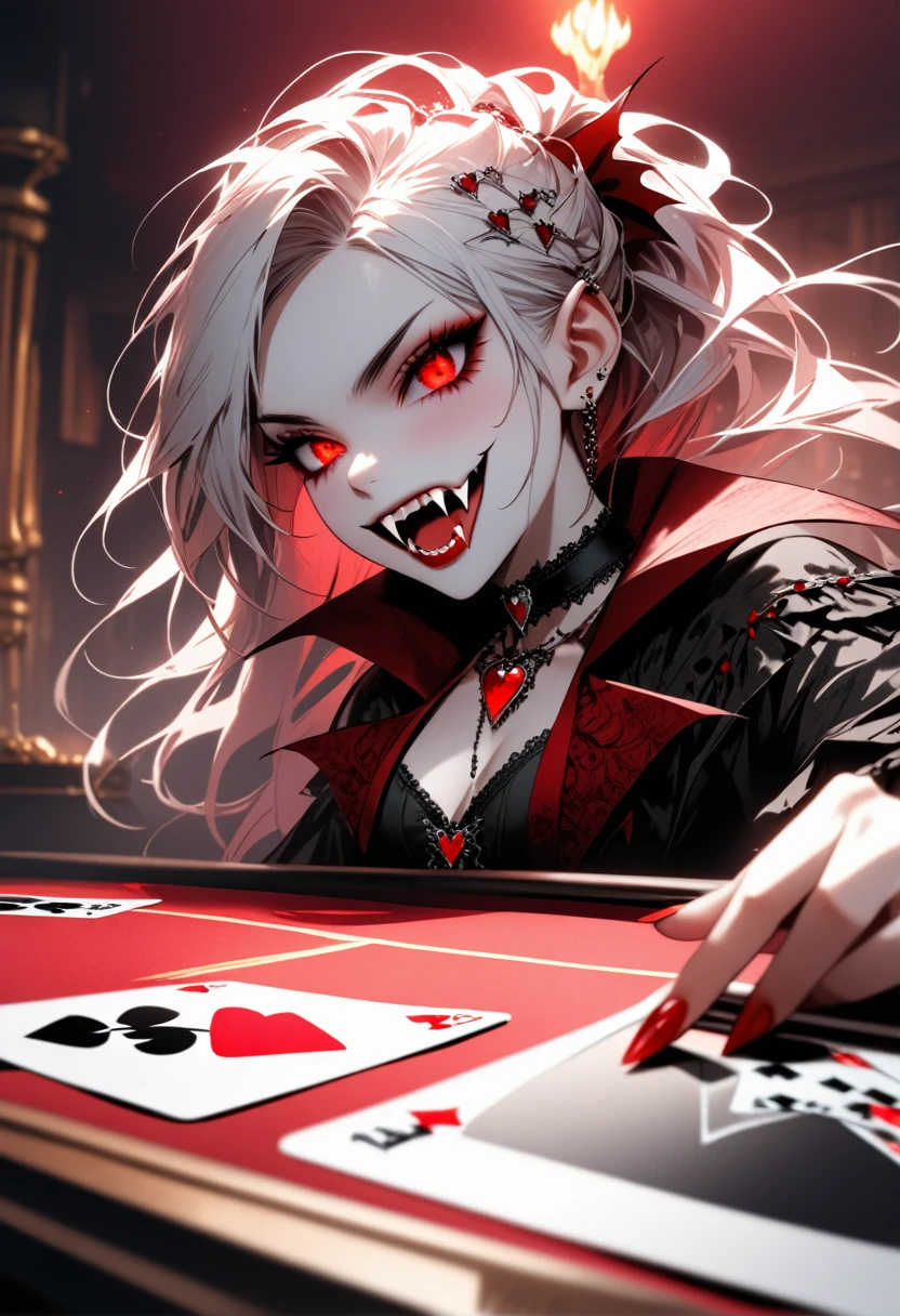 a portrait of a vampire playing poker game of cards, holding cards ((cards not shown:1.5)) blood dripping from the cards dripping blood, an exquisite beautiful vampire, goth vampire, ((dynamic hair color: 1.5)), white pale skin, some blood veins are seen on the skin, red lips, red eyes, glowing eyes, wearing goth dress, silk dress, there are diamonds on the dress, earing a choker studded with a red diamond, ((vampire fangs:1.5)), she sits near a poker table in a dark fantasy room, there is a playing table, torch light,  vibrant, Ultra-high resolution, High Contrast, (masterpiece:1.5), highest quality, Best aesthetics), best details, best quality, highres, ultra wide angle, 16k, [ultra detailed], masterpiece, best quality, (extremely detailed: 1.5), vampire fangs, NRART