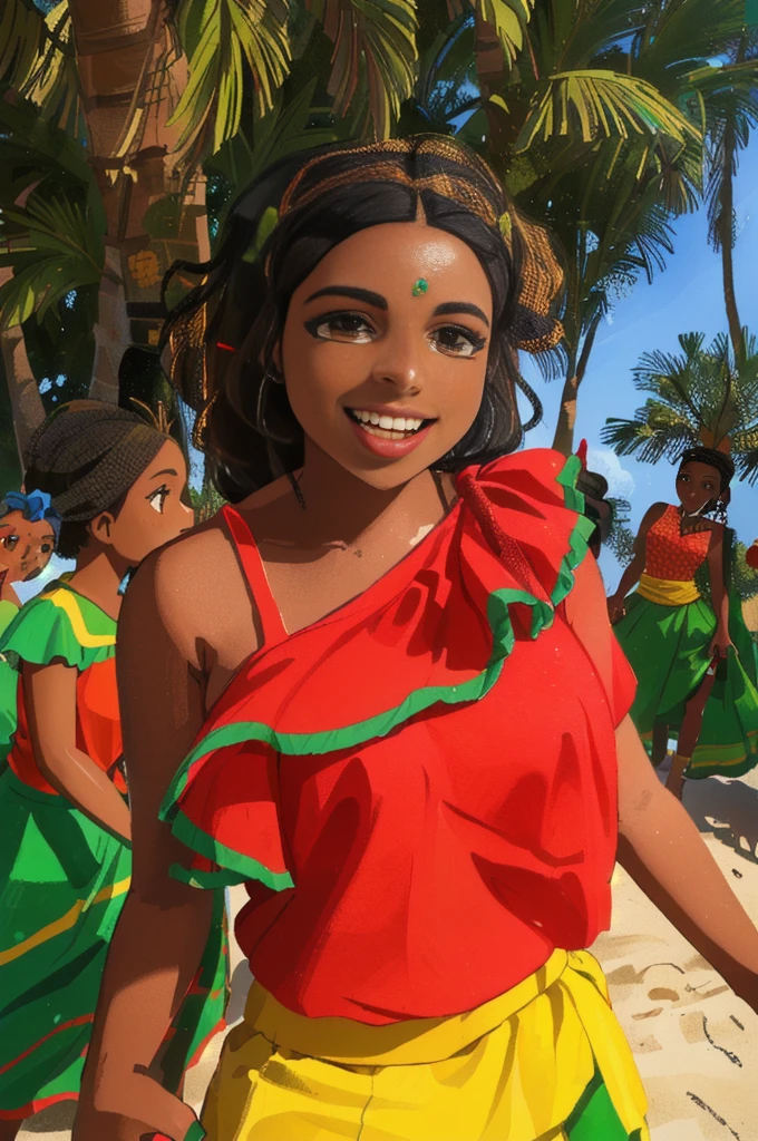 There is a woman in a red and green dress smiling., colors of hibiscus, Jamaican colors, 30 year old Cuban woman., Maria Borges, caribbean, young african woman with light skin, Edited, jamaica, Malika Favre, african american young woman, wearing authentic clothes, Dancing on a tropical beach, Cuban women in Havana, Jamaican atmosphere, african woman, dark features, traits of black people