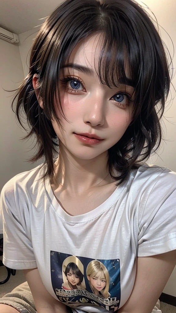 ((Beautiful Face:1.4)), (Purelos Face_v1: 1.0), Half Body,Highest quality,masterpiece,Detailed face,1 girl,alone,((Natural big breasts:1.0)),((Tシャツ:1.4))