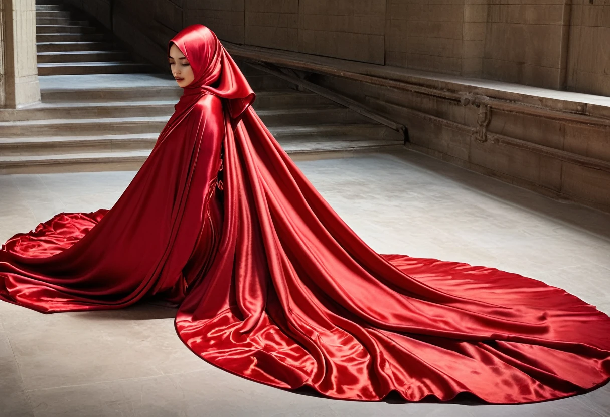 A woman shrouded in a 4-meter-long, plush red satin cloth, tightly bound and grandly draping along the form of her body, flowing off into a pooled floor-length train, styled in a mermaid-inspired outfit, her head modestly veiled in a satin hijab, a full-body pose conveying a sense of mysterious elegance, captured in a 4k resolution, ultra-realistic