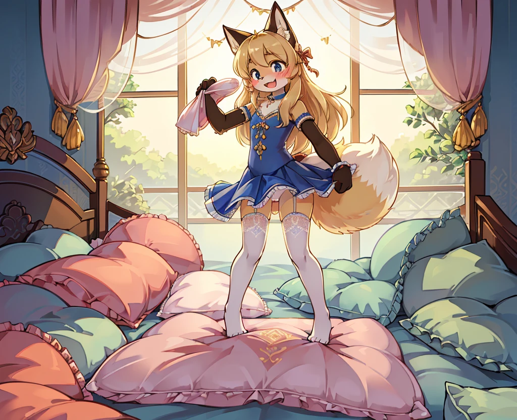 （masterpiece，best quality），mine, The Beast, , (Light and shadow suitable for any Pillow background））, 穿着Cheerleading服的可爱女孩在Pillow上摆姿势,，Cheerleading，nature,, (blush),a smile，Pillow,（Lots of Pillow），Soft cushion，（canopy bed），（Pillow），Lots of Pillow，（Friction in the crotch），（（Pillow Hump）），（A tail），（Around the protagonist），steam，（Pillow），（Luxury Pillow），（Palace Pillow Pattern Pillow），（palace），（Palace bedroom），（Gorgeous Pattern Pillow），Soft Pillow，，（Classical European style bedroom ），（excited，shy person，Lack of expressiveness，），pillow hump,，(Deluxe Rococo Canopy King Bed),Luxurious curtains with ornate ruffles and ribbons hang around the large bed.,((((The bed is piled with many Pillows)))),Quilt details,Detailed bed linen,Ruffled Bed Skirt,Deep Bed,Background with depth,((Pillow in detail)), ((((A Lot of Pillow))))，,，Detailed Soft Pillow,,((女孩正躺在许多Soft Pillow上,There are many Pillows around))，、、In a large canopy bed、Soft sheets and quilts、Colorful soft Pillow、Lots of Ruffled Pillows and Ruffled Bed Skirts、Soft toned bed、Ruffled curtains around the bed.。Delicate face，（Gorgeous pattern pillow），Soft pillows，，（Classical European style bedroom ），（excited，Opened his mouth，Shy，），（（My）），Lace pantyhose，,holding pillow，FORTUNES,fox girl