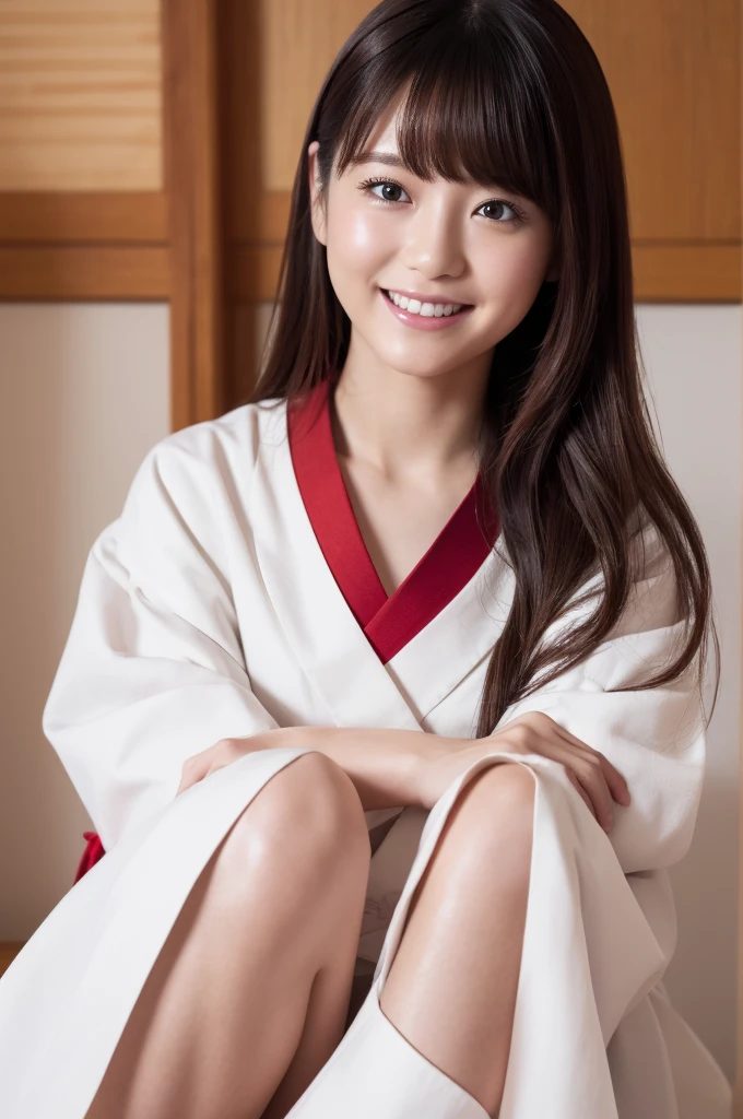 8k、High definition、Ultra Detail、Photorealistic、High resolution、Realistic and accurate depiction、Realistic and accurate human anatomy、Highest quality、Japanese women 、beautiful girl、White and red hakama、Red hakama on top and red on bottom,White tabi,Red ribbon in hair,18-year-old,bangs,Smile a little,knees,Japanese style hairstyle,Looking up from below, An innocent smile、Natural Makeup、Perfect Skin、Charm、cute