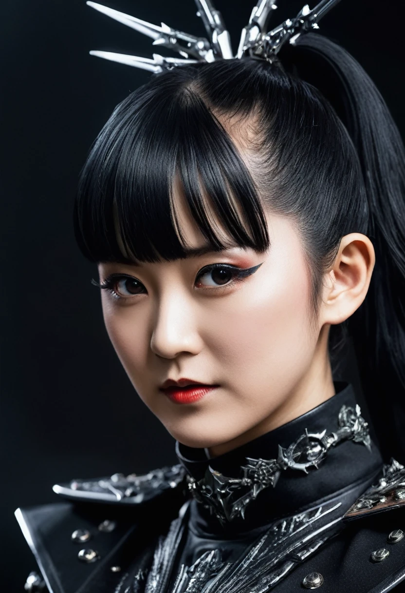 an upperbody close-up realistic shot with ultra detailed photo of sumetal from babymetal, ponytail, wearing a black metal suit , dark future battlefield background, ,heavy_jacket,Fire Angel Mecha. hyper realistic photo, UHD quality. hyper realistic photo, UHD quality., focus,more detail XL., ,suzuka,bm