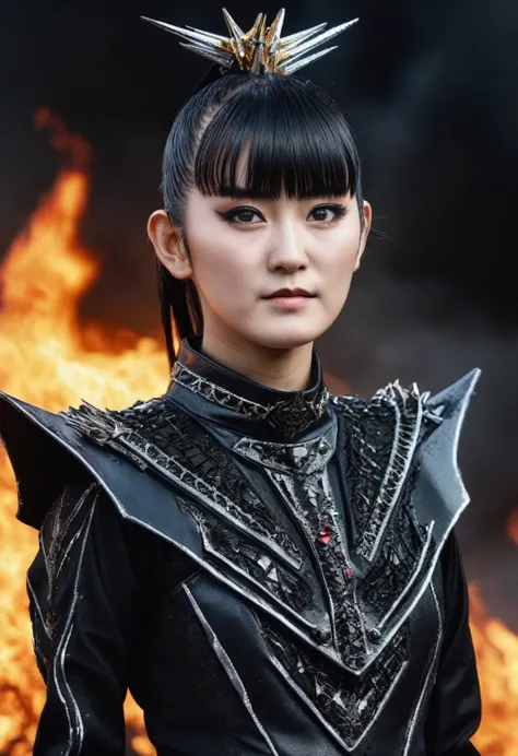 an upperbody close-up realistic shot with ultra detailed photo of sumetal from babymetal, ponytail, wearing a black metal suit ,...