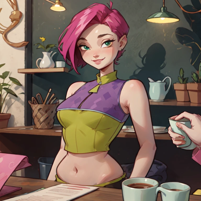 Tecna,short pink hair, big fat body, green eyes,CasualOutfit, sleeveless purple and green croptop, looking at viewer, smiling,upper body shot, Clothes that fit your big, fat body size, sitting, behind table, inside cozy cafe, holding coffee cup, playful ambiance,  high quality, masterpiece, 