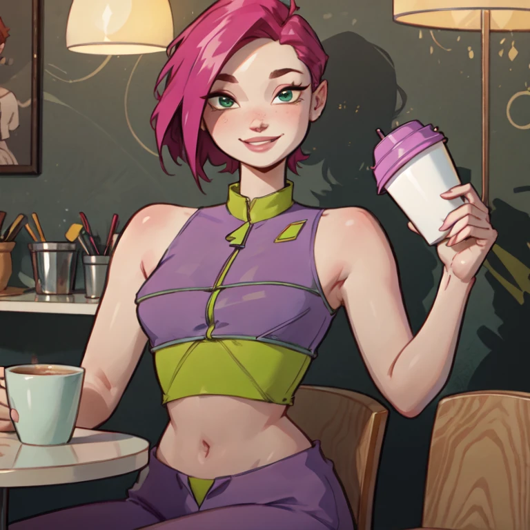 Tecna,short pink hair, big fat body, green eyes,CasualOutfit, sleeveless purple and green croptop, looking at viewer, smiling,upper body shot, Clothes that fit your big, fat body size, sitting, behind table, inside cozy cafe, holding coffee cup, playful ambiance,  high quality, masterpiece, 