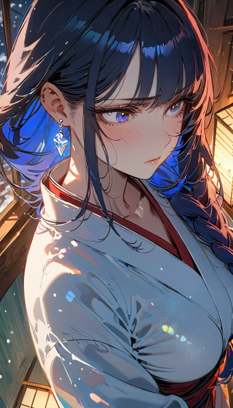 Nsfw,Snow Woman、Beautiful dark blue hair,Big Breasts、Long Hair,Yuki Onna,Cool look,White kimono,(high quality),(red eyes,Perfect Eyes,clear eyes),(cheek),Narrow eyes, Ice earrings,Adult women,Snowstorm in the background,Long sleeves,The kimono is transparent,skin is white,unamused,hair ICE ornaments,Japanese style room,(8K),(side braid),full body,from an angle,looking away,looking at another