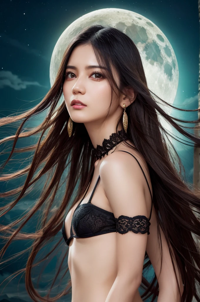 (Otherworldly, Otherworldly atmosphere, Otherworldly appearance), Very detailed, masterpiece, Highest quality, Highest quality, High resolution, 4K, 8k, RAW Photos, (length_hair, length hair), collar, Earrings, jewelry, eyeliner, compensate, hair over one eye, (Dynamic pose), (dynamic weather), (Dynamic Background), One girl, moon, night, Micro Bikini