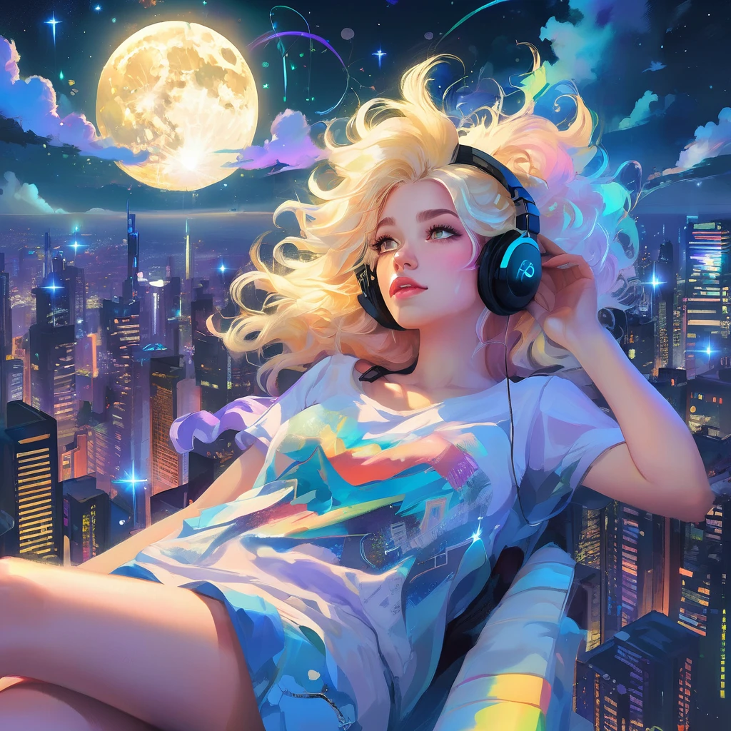 a beautiful 20 year old blonde woman with big messy hair laying down on a cloud in the sky floating over a cityscape at night, wearing headphones, looking down at the city, twinkling stars and glowing moon, fantasy art style, full body, rossdraws cartoon vibrant, cyberpunk, cute detailed digital art, colorfull digital fantasy art, digital fantasy art ), glossy digital painting, rossdraws pastel vibrant, rossdraws 2. 5, rossdraws 1. 0