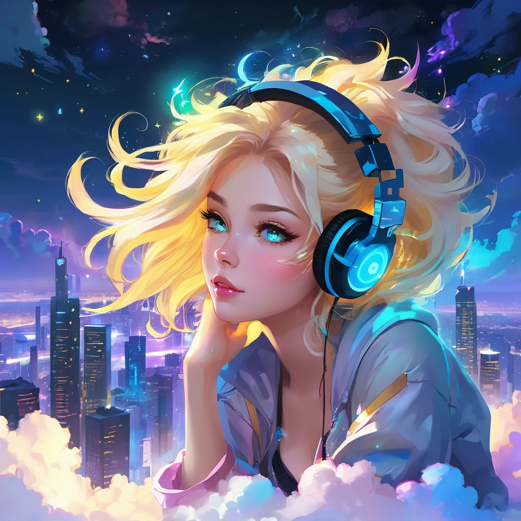 a beautiful 20 year old blonde woman with big messy hair laying down on a cloud in the sky floating over a cityscape at night, wearing headphones, looking down at the city, twinkling stars and glowing moon, fantasy art style, full body, rossdraws cartoon vibrant, cyberpunk, cute detailed digital art, colorfull digital fantasy art, digital fantasy art ), glossy digital painting, rossdraws pastel vibrant, rossdraws 2. 5, rossdraws 1. 0