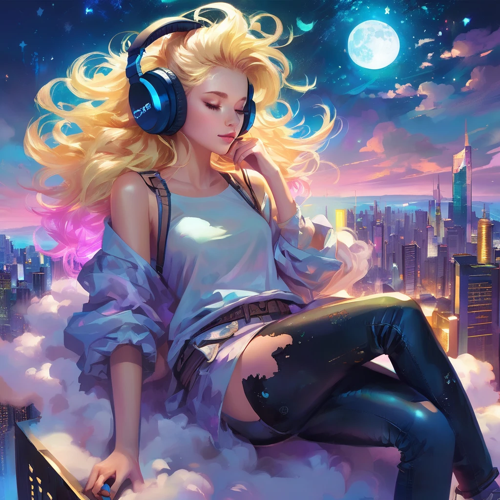 a beautiful 20 year old blonde woman with big messy hair laying down on a cloud in the sky floating over a cityscape at night, wearing headphones, looking down at the city, twinkling stars and glowing moon, fantasy art style, full body, rossdraws cartoon vibrant, cyberpunk, cute detailed digital art, colorfull digital fantasy art, digital fantasy art ), glossy digital painting, rossdraws pastel vibrant, rossdraws 2. 5, rossdraws 1. 0