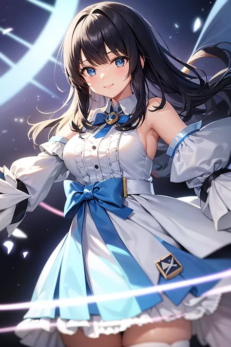 mecha wings、white and blue skirt、thighs、tights、chest、black hair、1 girl、solo girl、is、frame arms girl、alice gere aegis、blue armor、...