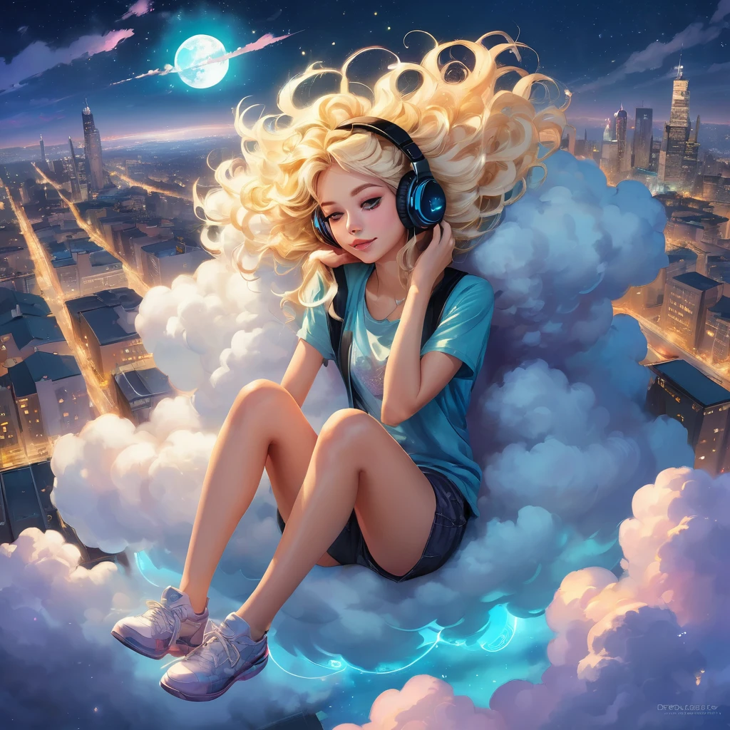 a beautiful 20 year old blonde woman with big messy hair laying down on a cloud in the sky floating over a cityscape at night, wearing headphones, looking down at the city, twinkling stars and glowing moon, fantasy art style, full body, rossdraws cartoon vibrant, cute detailed digital art, colorfull digital fantasy art, digital fantasy art ), glossy digital painting, rossdraws pastel vibrant, rossdraws 2. 5, rossdraws 1. 0