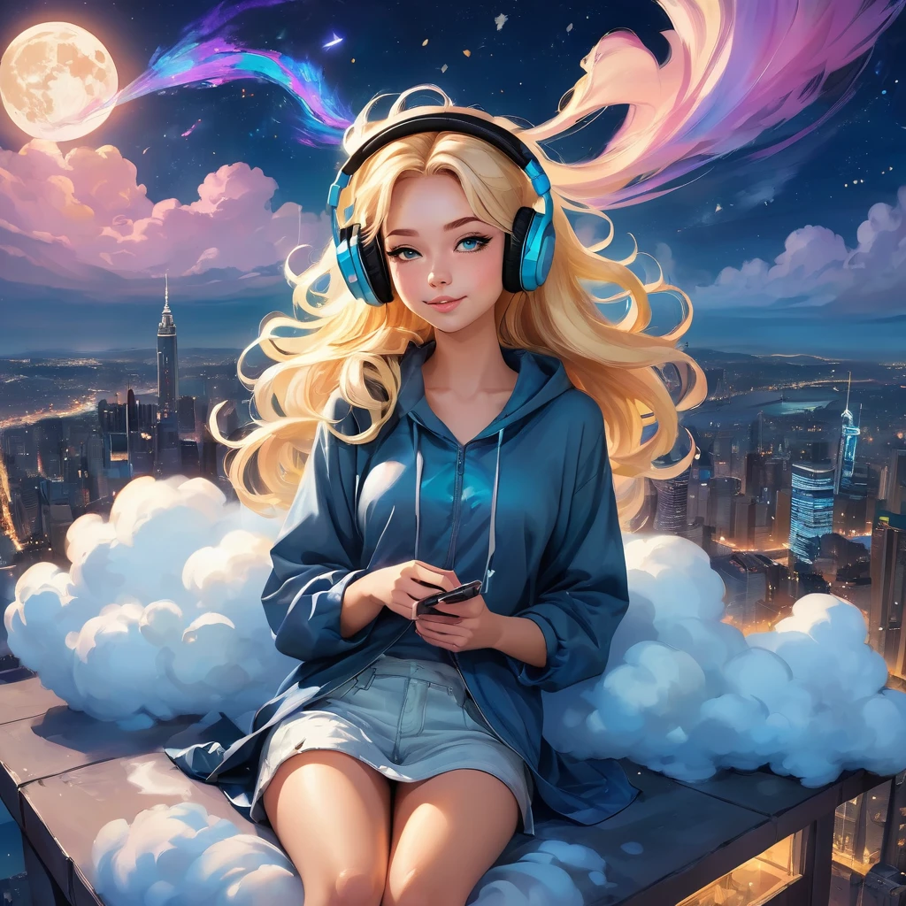 a beautiful 20 year old blonde woman with big messy hair laying down on a cloud in the sky floating over a cityscape at night, wearing headphones, looking down at the city, twinkling stars and glowing moon, fantasy art style, full body, rossdraws cartoon vibrant, cute detailed digital art, colorfull digital fantasy art, digital fantasy art ), glossy digital painting, rossdraws pastel vibrant, rossdraws 2. 5, rossdraws 1. 0