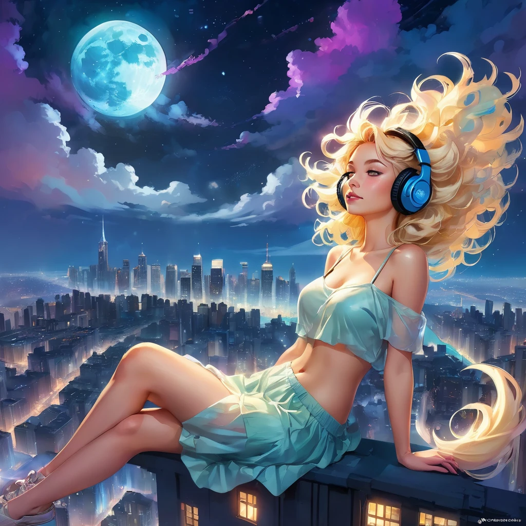 a beautiful 20 year old blonde woman with big messy hair laying down on a cloud in the sky floating over a cityscape at night, wearing headphones, looking down at the city, twinkling stars and glowing moon, fantasy art style, full body, rossdraws cartoon vibrant, cute detailed digital art, colorfull digital fantasy art, digital fantasy art ), glossy digital painting, rossdraws pastel vibrant, rossdraws 2. 5, rossdraws 1. 0