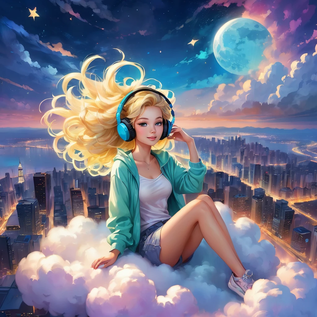 a beautiful 20 year old blonde woman with big messy hair laying down on a cloud in the sky floating over a cityscape at night, wearing headphones, looking down at the city, twinkling stars and glowing moon, fantasy art style, full body, rossdraws cartoon vibrant, cute detailed digital art, colorfull digital fantasy art, digital fantasy art ), glossy digital painting, rossdraws pastel vibrant, rossdraws 2. 5, rossdraws 1. 0