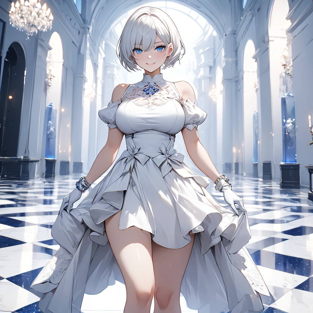 Nier Automata, YoRHa No.2 Type B, wearing luxurious white dress, white heels, white crystal bracelet, white hair, short hair, blue eyes, smiling, walking on white marble floor, background with several white cubes, blue filter in place, big breast, standing upright, maximum quality.UHD, masterpiece, accurate, anatomically correct, textured skin, super detail, high quality, best quality, 8k, high resolution, bokeh effect.(solo woman),white gloves, close view.
