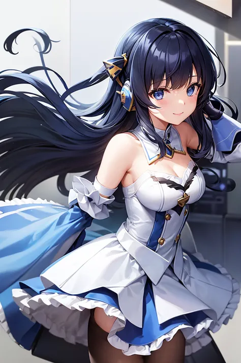 mecha wings、white and blue skirt、thighs、tights、chest、black hair、1 girl、solo girl、is、frame arms girl、alice gere aegis、blue armor、...