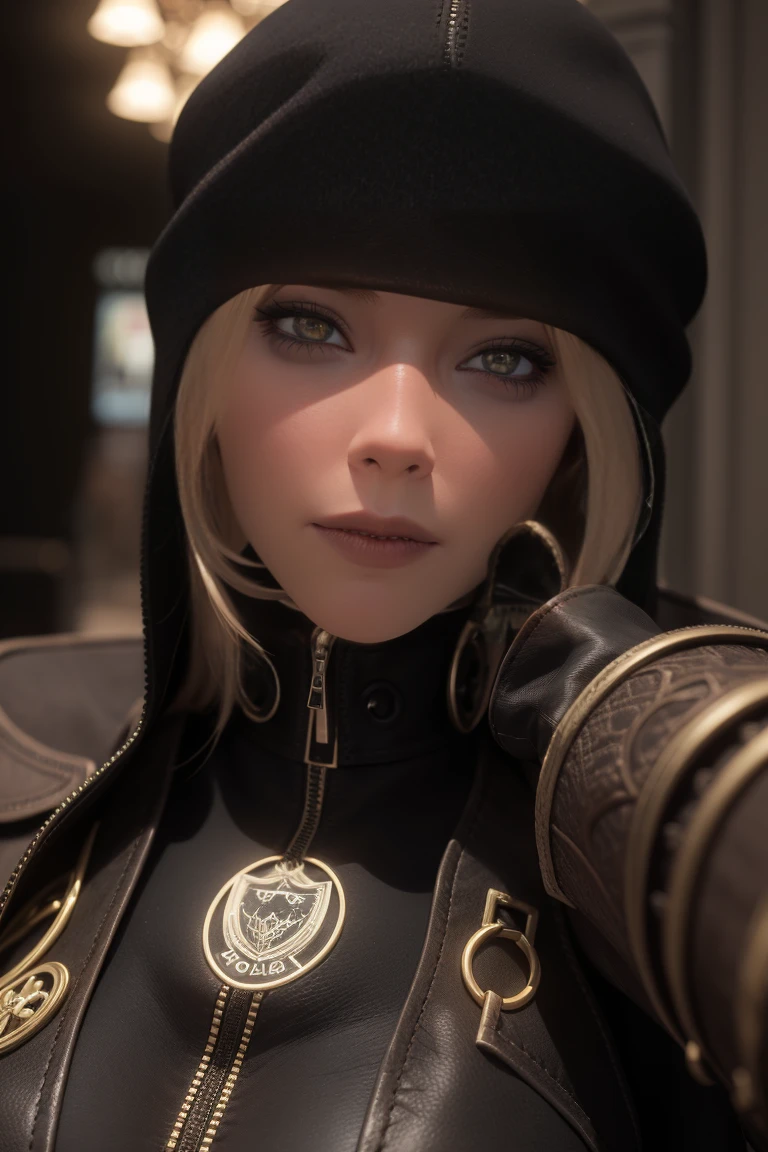 [(dark colors, futuristic cyberpunk vibes:1.6) ::6], (masterwork:1.3), BREAK (1female, female breton, gothic look, 30 years old), long blonde hair, [edgy outfit: black leather outfit: 0.75], (sexy pose:1.3), piercing gaze, BREAK (futuristic cyberpunk room:1.2), neon lights, holographic displays, sleek furniture, advanced technology, (detailed environment:1.3), (closeup portrait:1.2).