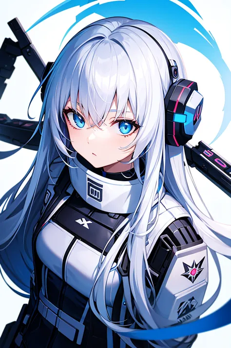 girl with white long hair and blue eyes, cyberpunk outfit, staring upwards, white background