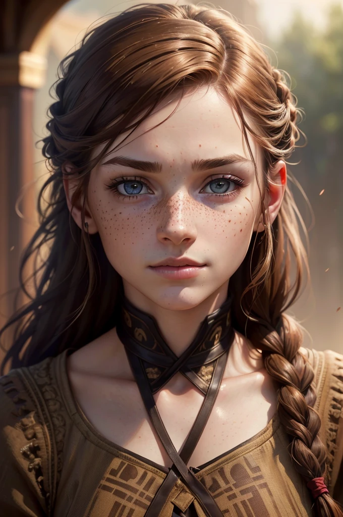 a beautiful girl with sharp eyes, freckles, and a smirk, with braided brown hair, holding blood, (best quality,4k,8k,highres,masterpiece:1.2),ultra-detailed,(realistic,photorealistic,photo-realistic:1.37),expressive eyes,perfect face