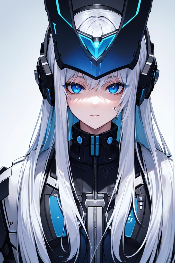 a girl with long white hair and beautiful detailed blue eyes, cyberpunk outfit, staring upwards, plain white background, (best quality,4k,8k,highres,masterpiece:1.2),ultra-detailed, cyborg,advanced technology,futuristic,