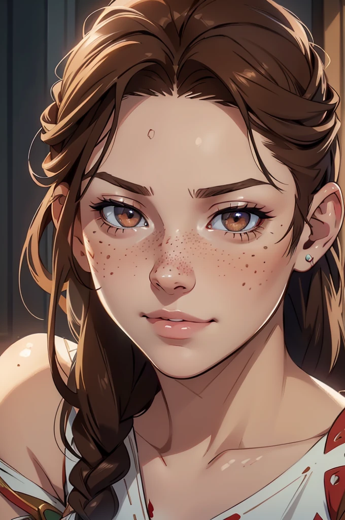 a beautiful girl with sharp eyes, freckles, and a smirk, with braided brown hair, holding blood, (best quality,4k,8k,highres,masterpiece:1.2),ultra-detailed,(realistic,photorealistic,photo-realistic:1.37),expressive eyes,perfect face