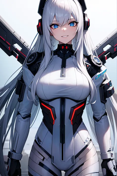 girl with long white hair and beautiful detailed blue eyes, cyberpunk outfit, staring upwards, plain white background, (best qua...