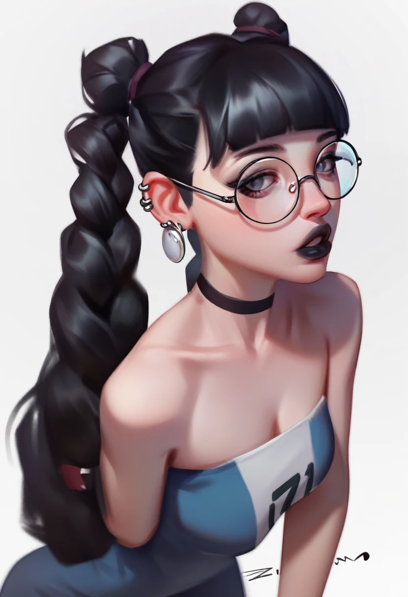 bblurry, traditional art, liu2, brush texture, punctuation_9, punctuation_8_High above, punctuation_7_High above, 1 girl, Bblack hair, braids, slickedback hair, long hair, grey-eyed, thick lips, mic, long eyelashes, half-closed eyes, black frame glasses, round glasses, black choker, Blunt bangs, grown-up, black eyeliner, breasts big, ear piercing, black lips, grey-eyedhadow, looking ahead at viewer, break solo, standing, grown-up, skinny, leg high, arched back, tight slit, break (white background:1.2), simple background, dynamic pose, dynamic angle, angled shot,