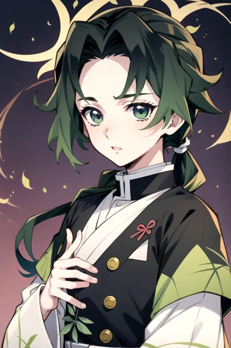 man with long black hair,light green eyes ,he wears a green haori with a leaf print.,pale skin, he wears a uniform similar to th...