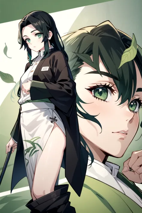 masculine man with long black hair,light green eyes ,he wears a green haori with a leaf print.,pale skin, he wears a demon hunte...