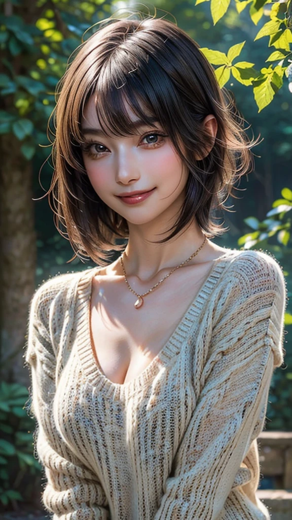 ((Beautiful Face:1.4)), (Purelos Face_v1: 1.0), (Highest quality, 8k, 32K, masterpiece, Ultra-high resolution:1.2),Beautiful Japanese Women Photos, Large Breasts, Very short bob hair,Upper Body,(Extra Large_sweater,:1.2) necklace, Simple Background, Look around,((Natural breasts:1.0)),((smile))