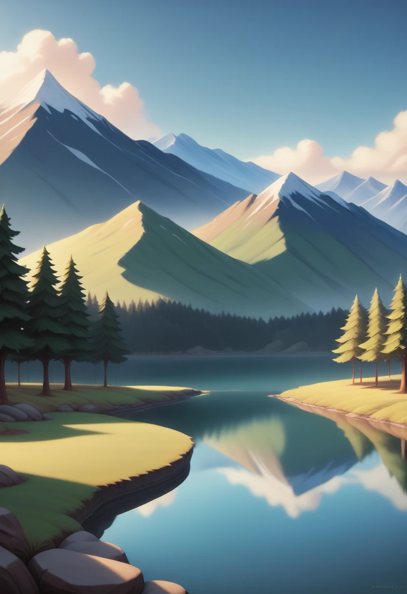 impressive painting of a mountain with trees and water, a detailed painting by Petros Afshar, shutterstock contest winner, environmental art, detailed painting, outlined art, 2d game art, isolated background for logo, strong contours, logo design
