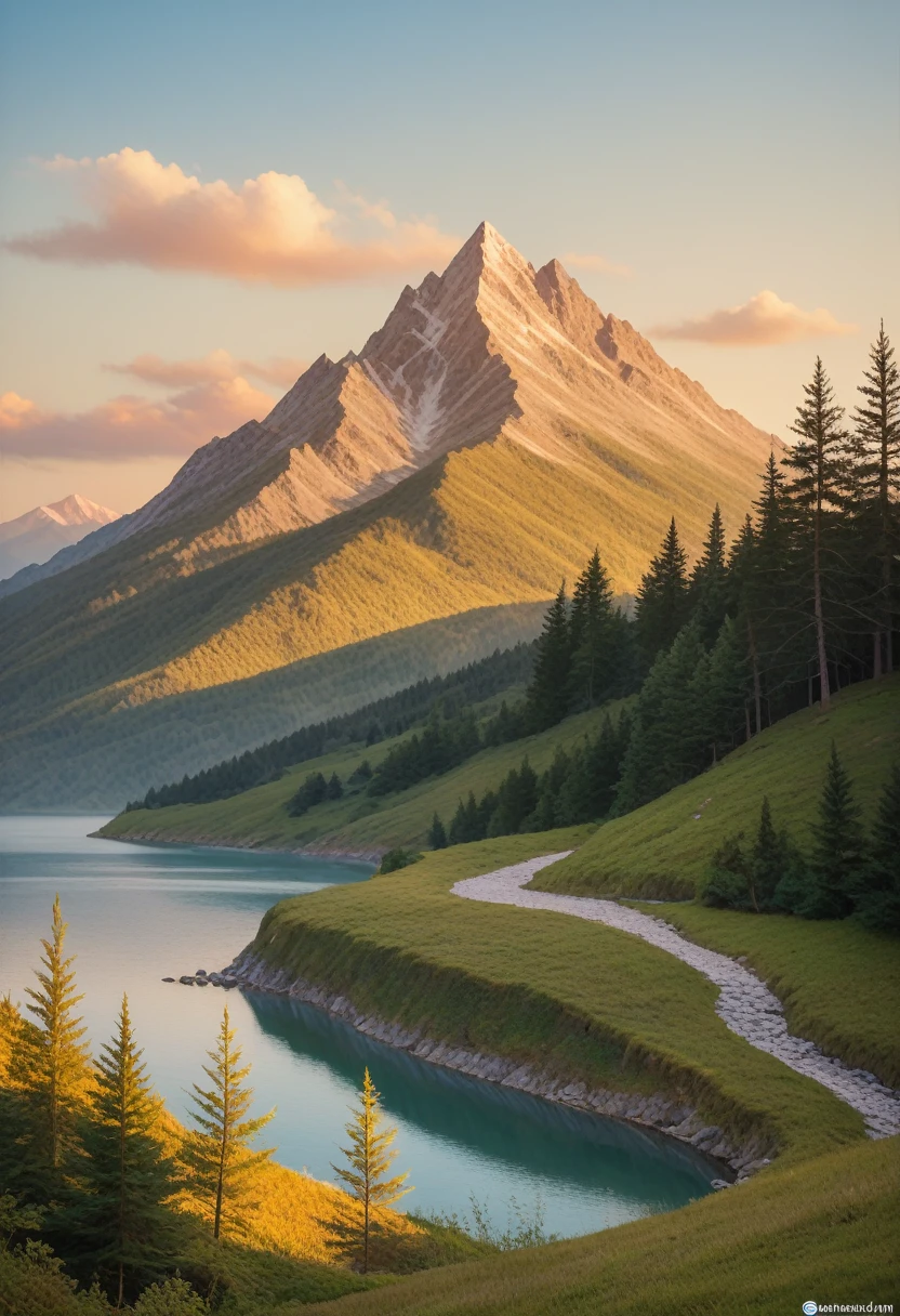 impressive painting of a mountain with trees and water, a detailed painting by Petros Afshar, shutterstock contest winner, environmental art, detailed painting, outlined art, 2d game art, isolated background for logo, strong contours, logo design
